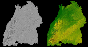 Simple visualization of the landscape of Baden-Württemberg, created with commercial visualization software.